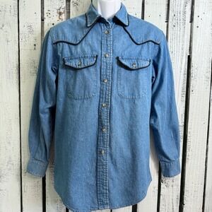 VTG Central Falls Denim Western Shirt‎ Womens Med Lg Cowgirl Rodeo Blue